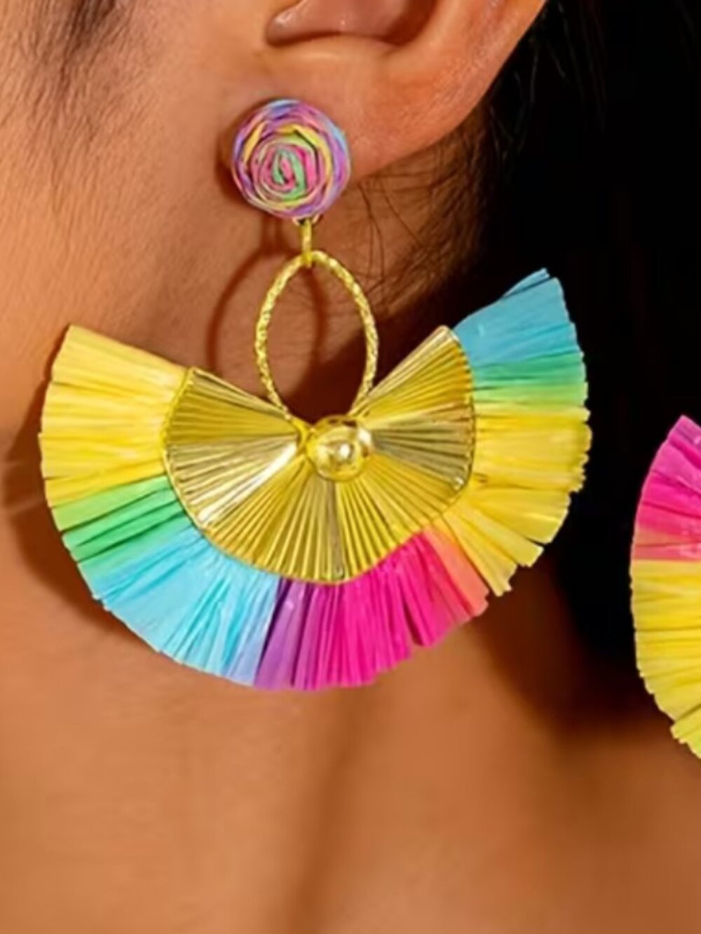 COLORFUL RAFFIA BOHEMIAN FAN EARRINGS
